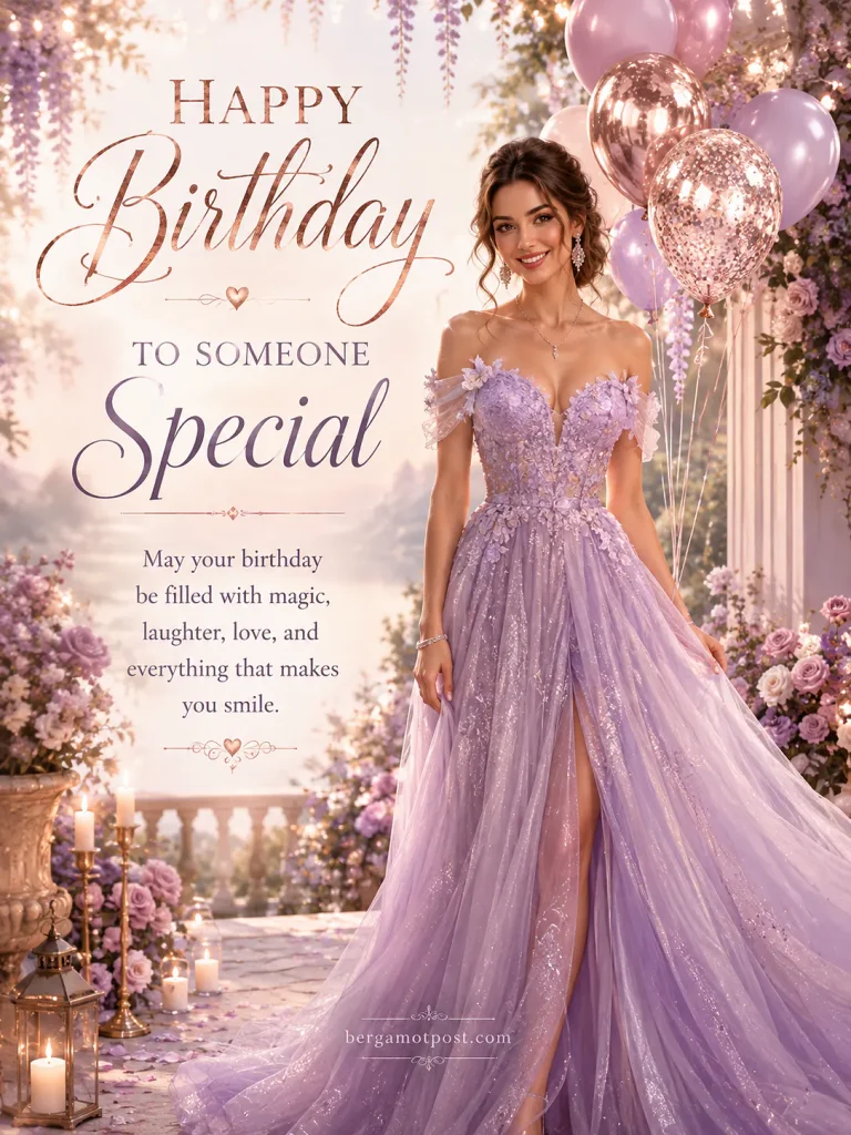 Birthday Card for Someone Special with a Lavender Gown and Balloons