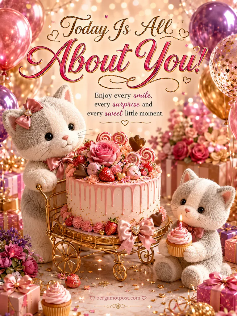 Birthday Card with Two Kittens and a Pink Cake – Today Is All About You