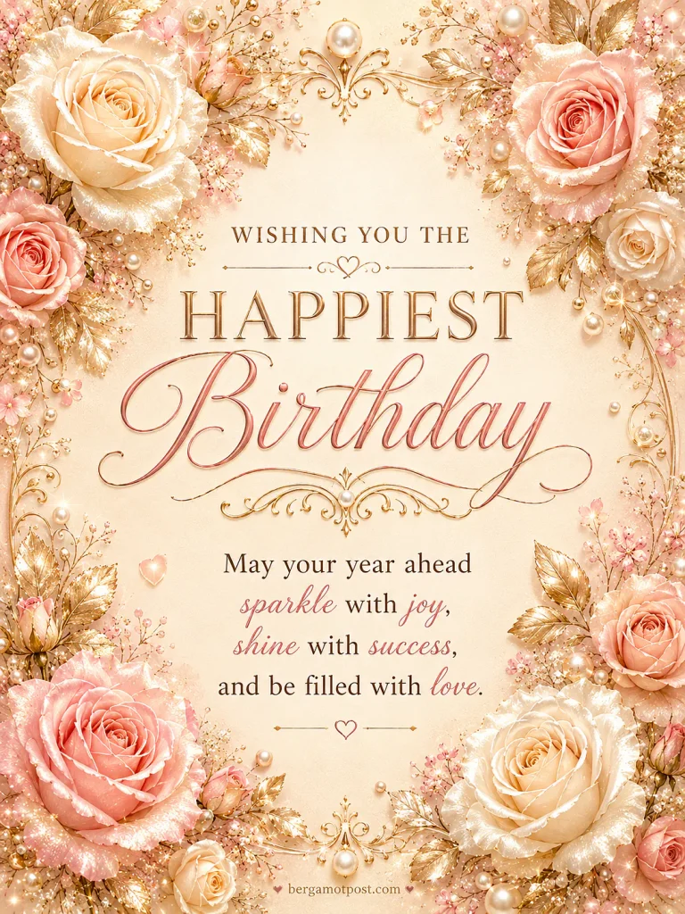 Wishing You the Happiest Birthday Card in Cream Roses and Pearls
