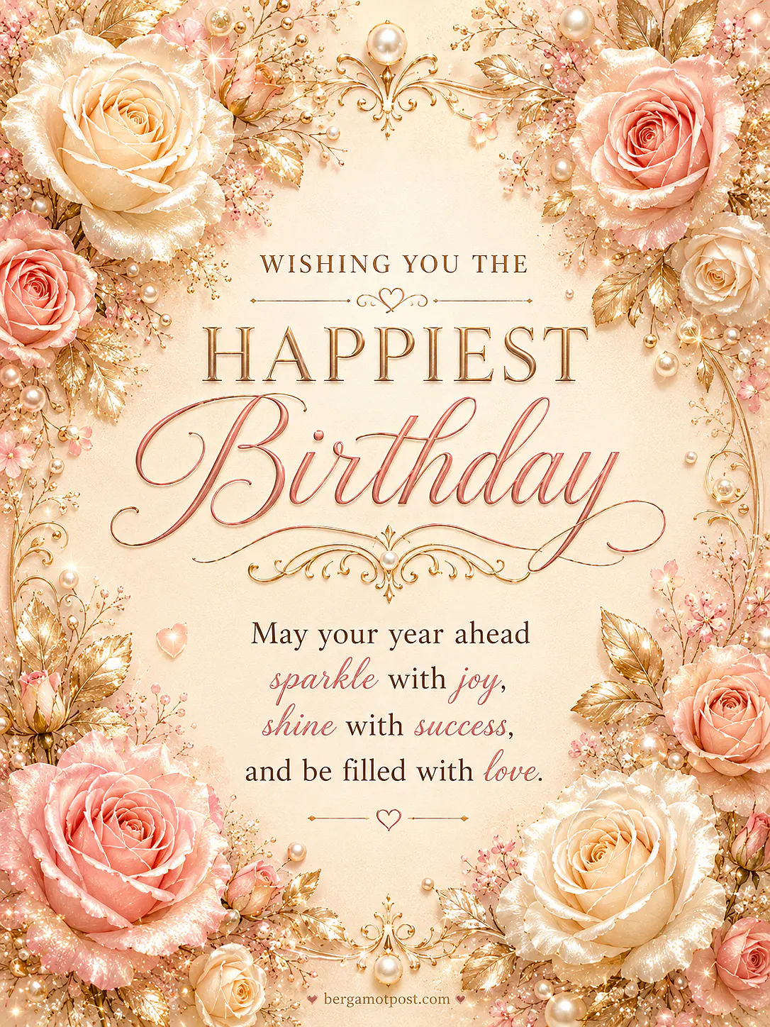 Wishing You the Happiest Birthday Card in Cream Roses and Pearls