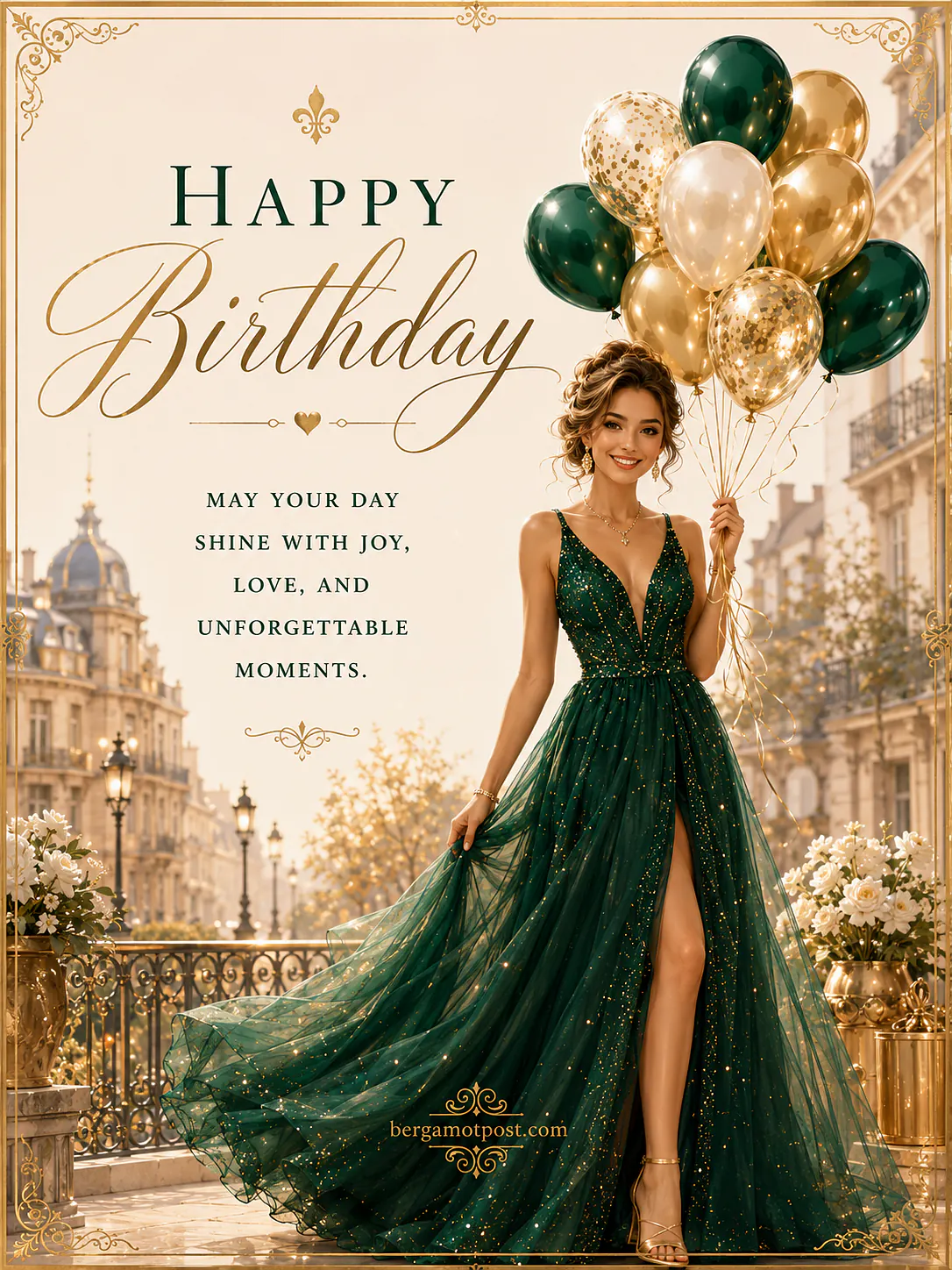 Happy Birthday Card with a Lady in an Emerald Gown and Balloons