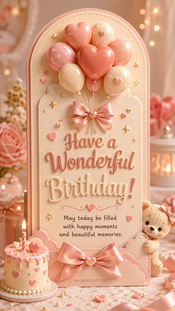 Happy Birthday Card with Heart Balloons and a Cake