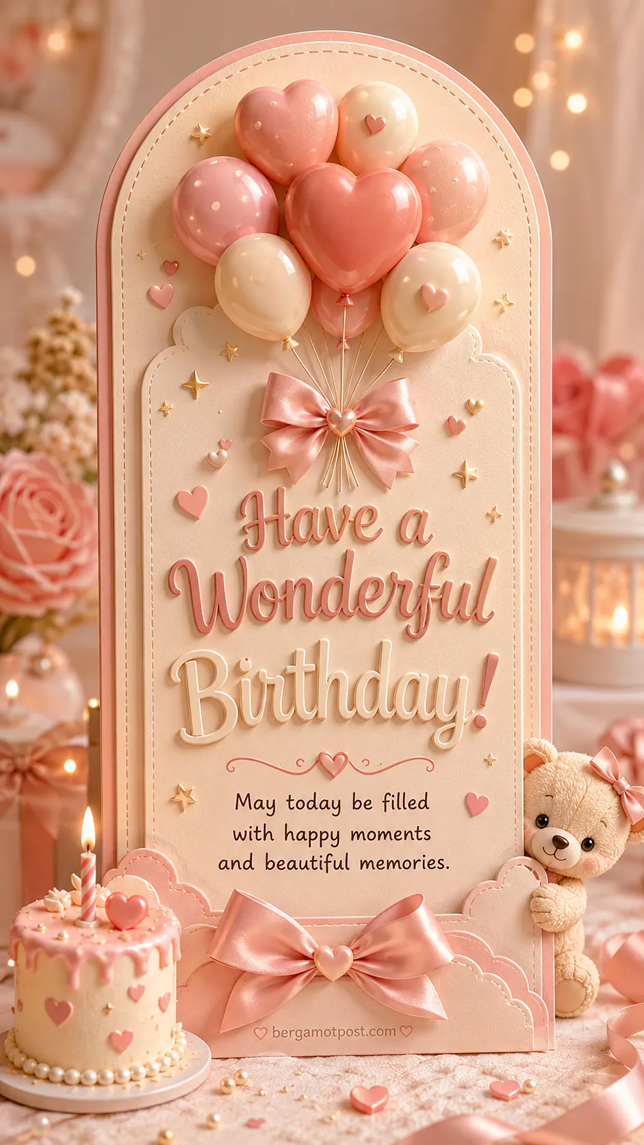 Happy Birthday Card with Heart Balloons and a Cake