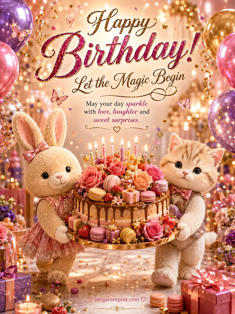 Happy Birthday Card – Bunny and Kitten Carrying a Candlelit Cake