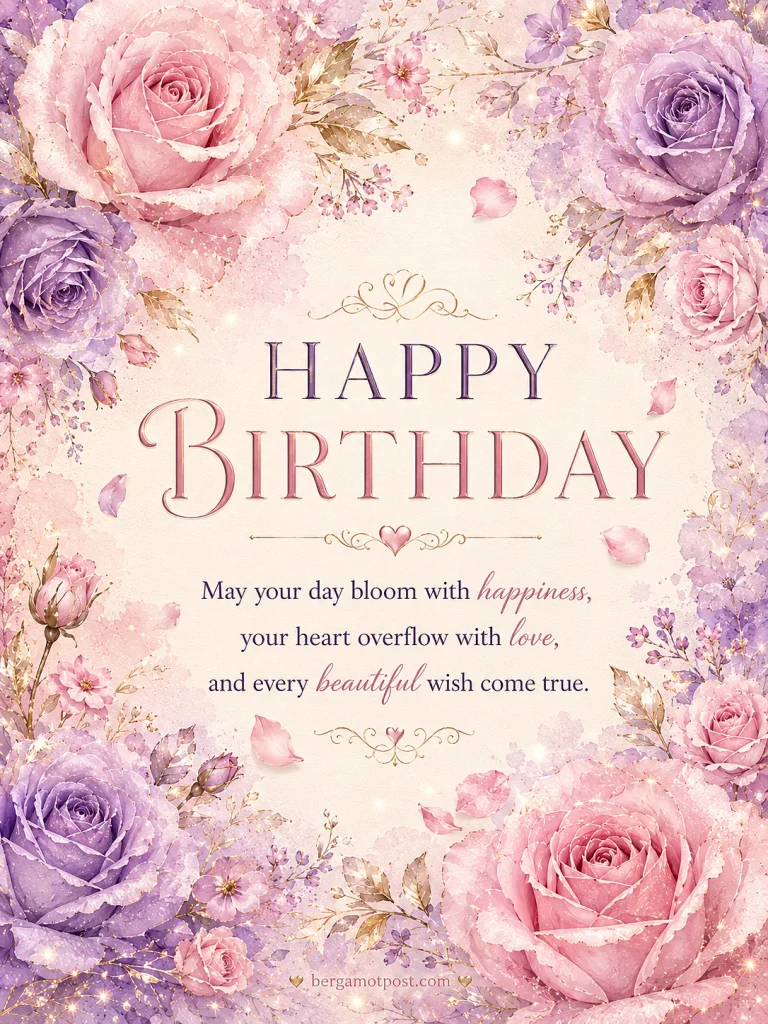 Happy Birthday Card with Pink and Lavender Roses