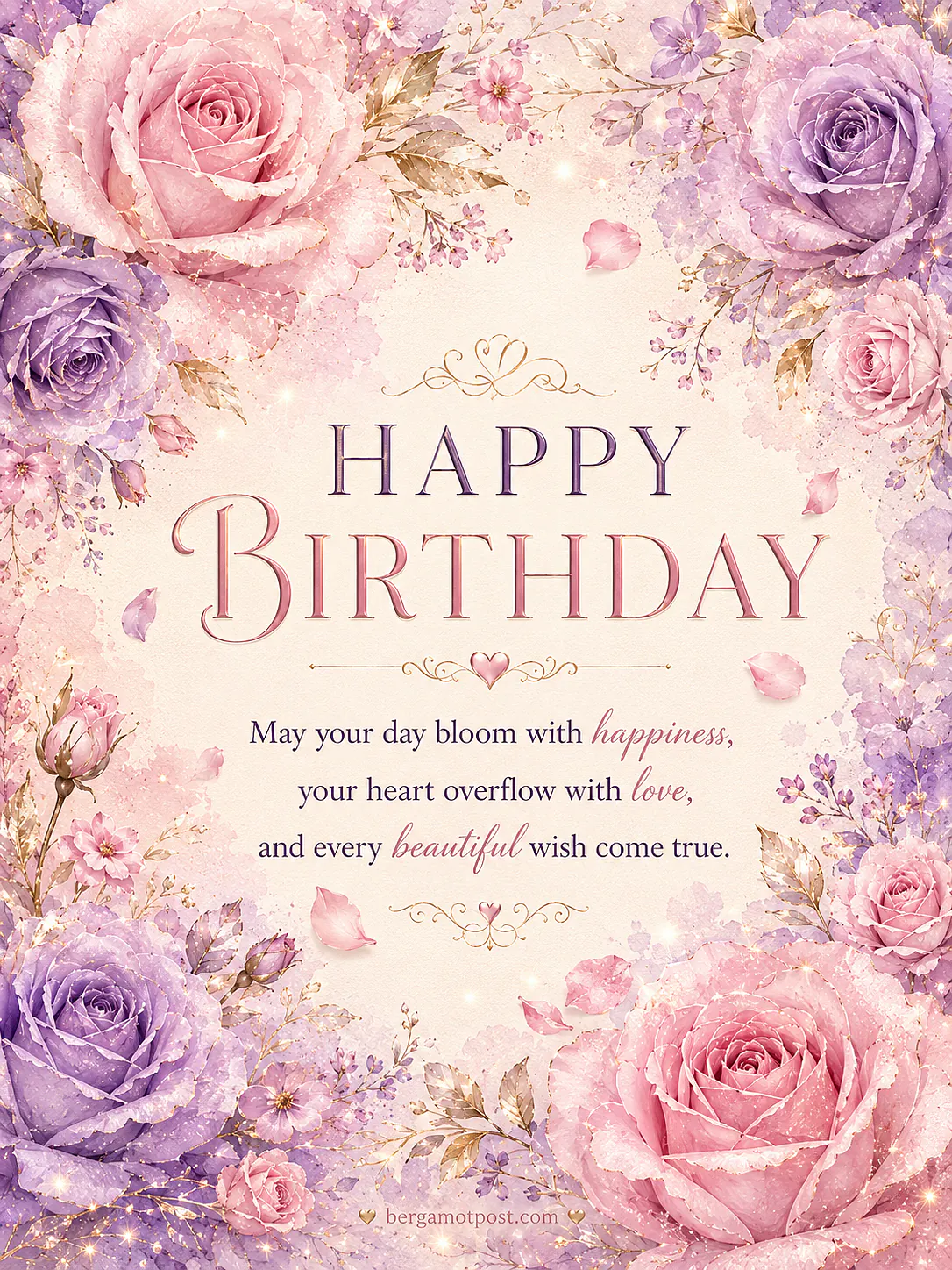 Happy Birthday Card with Pink and Lavender Roses