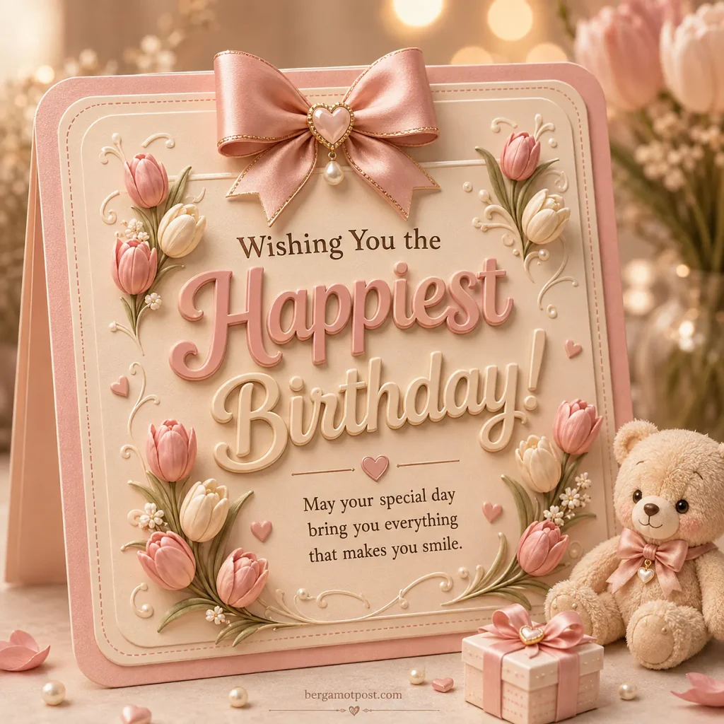 Happy Birthday Card with Pink Tulips and a Teddy Bear
