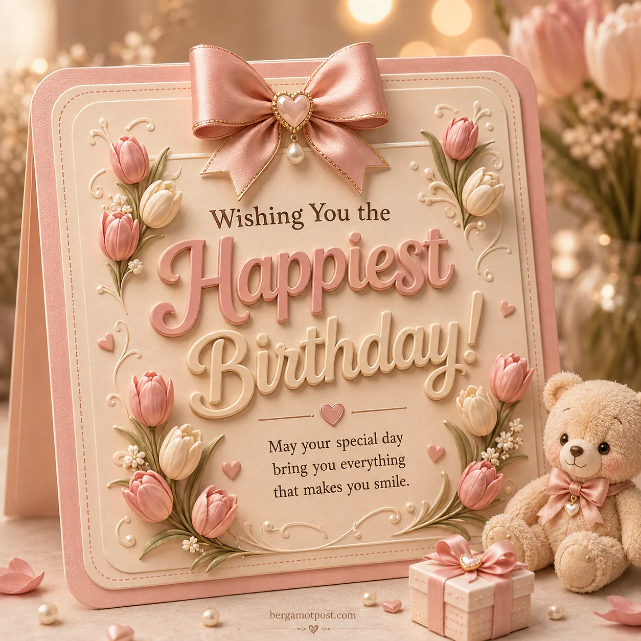 Happy Birthday Card with Pink Tulips and a Teddy Bear