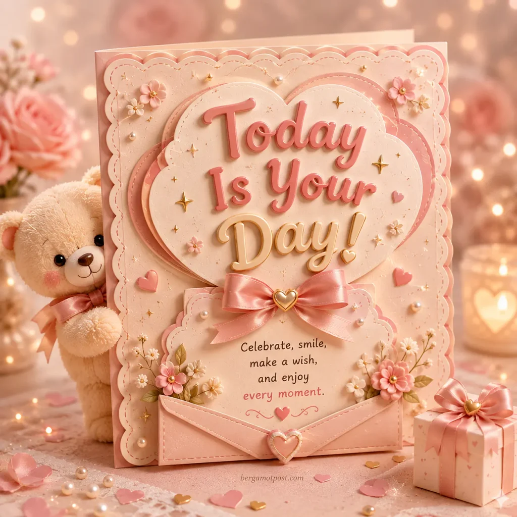 Cute Birthday Card — Today Is Your Day with Hearts and Envelope