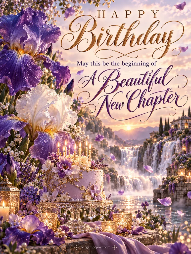 Happy Birthday Wishes Image — A Beautiful New Chapter (Purple Irises by the Waterfall)