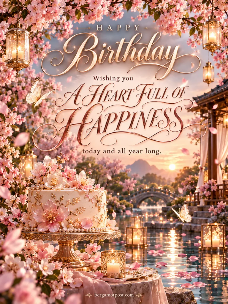 Happy Birthday Wishes Image — A Heart Full of Happiness (Cherry Blossoms)