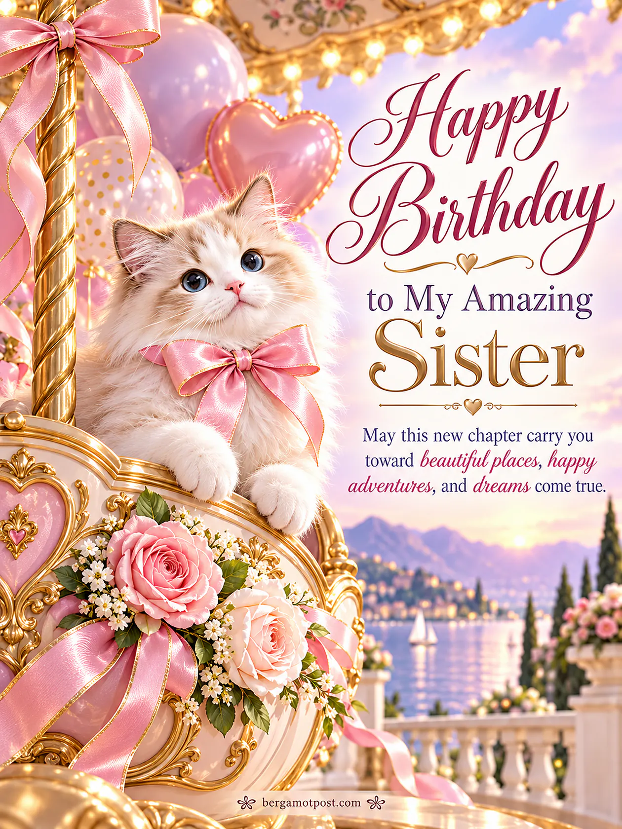 Happy Birthday to My Amazing Sister — Carousel Kitten Wishes Image