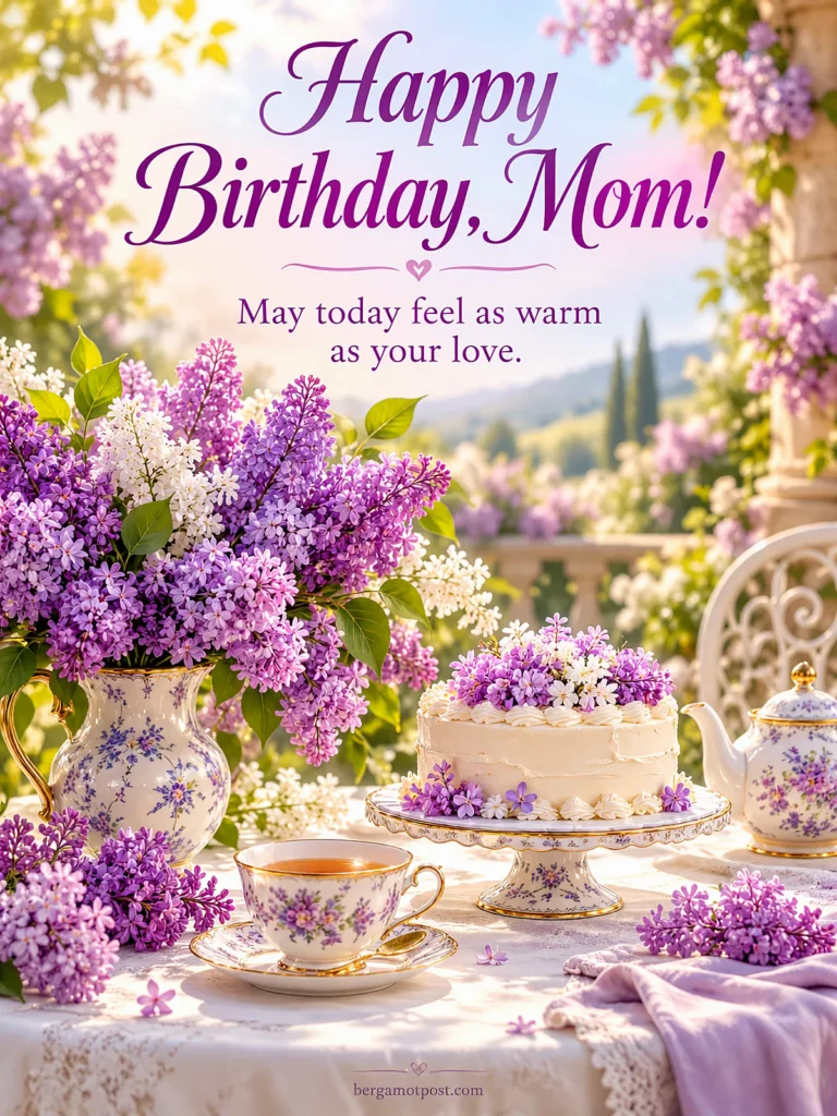 Happy Birthday Mom Video Image — Lilac Tea Party with Cake and Sparkles