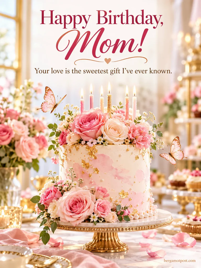Happy Birthday Mom Video Card — Rose Cake with Candles and Fireworks
