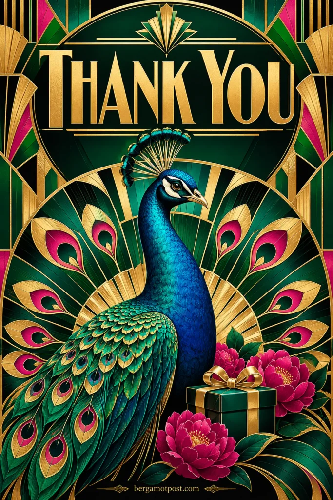 Art Deco Peacock Thank You Card — Gold and Emerald
