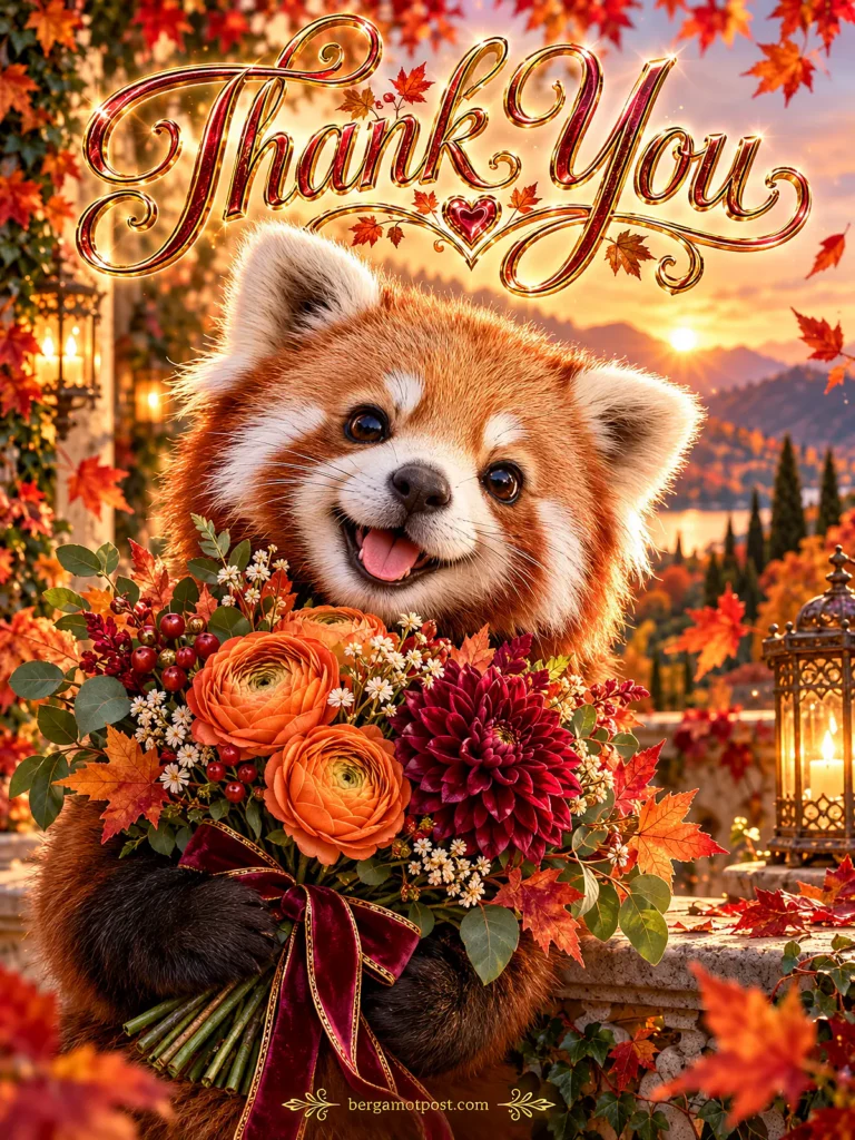 Animated Thank You Card — Autumn Red Panda with a Fall Bouquet