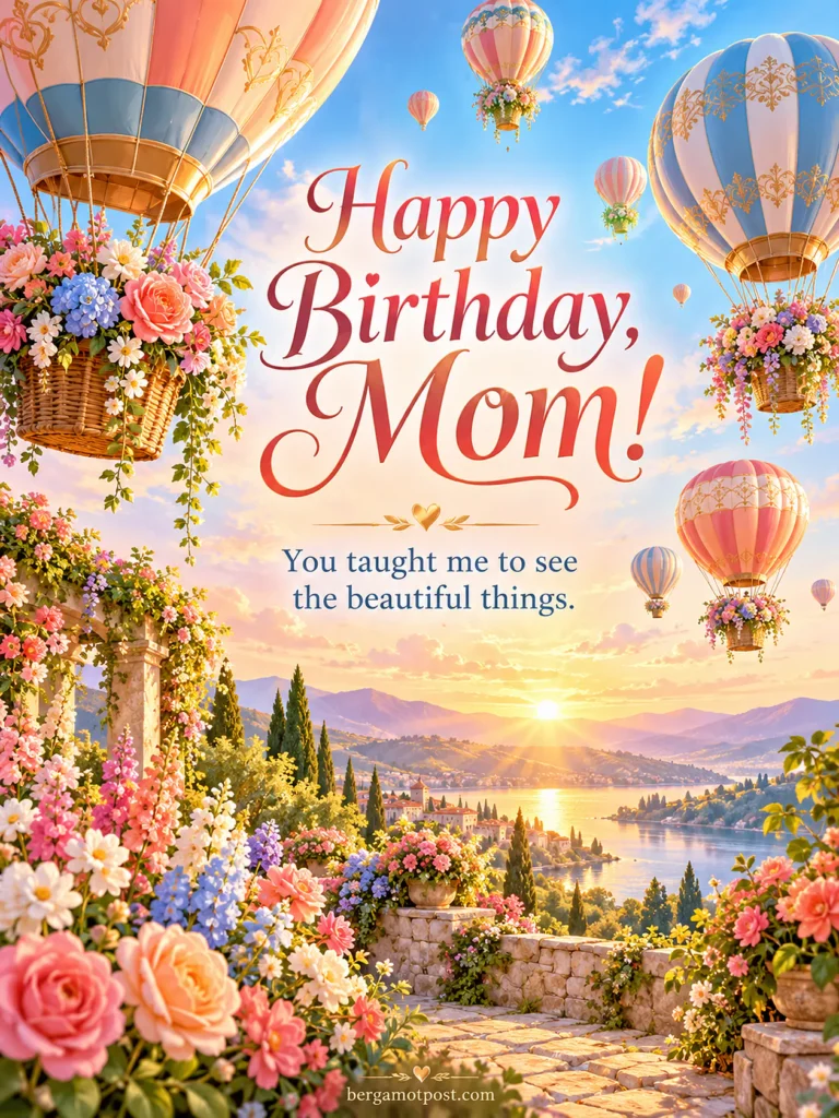 Happy Birthday Mom Image — Hot Air Balloons over the Lake at Sunset