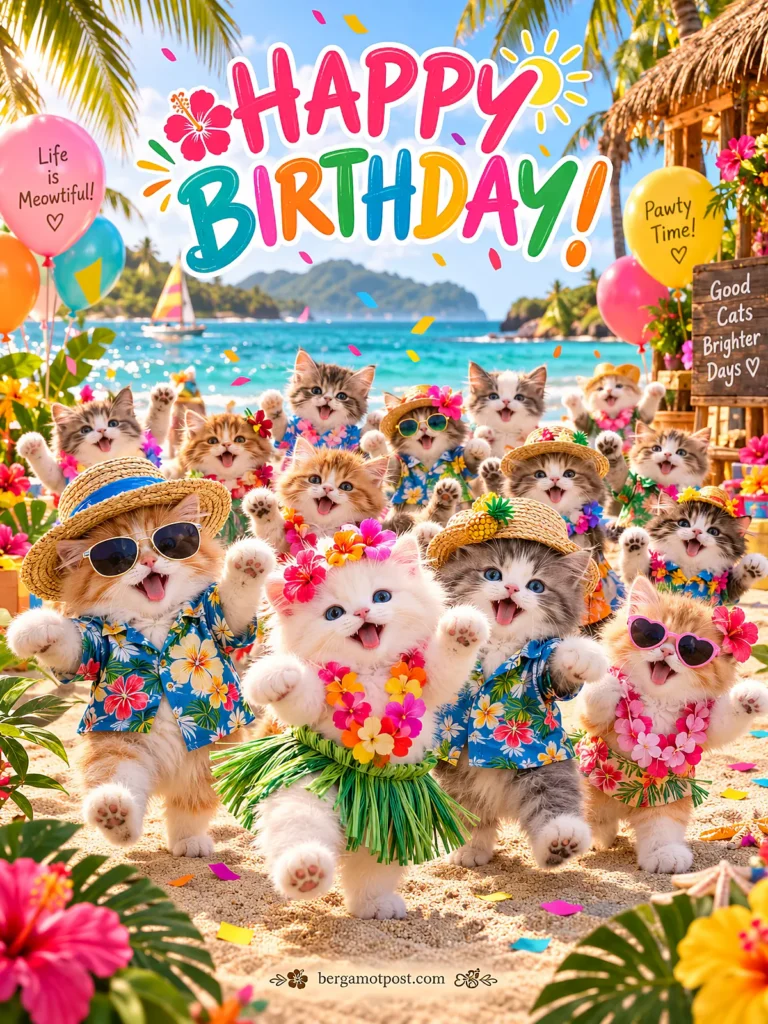 Tropical Beach Birthday Card with Dancing Kittens (Animated)