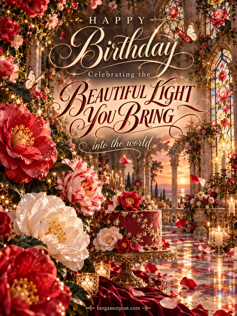 Happy Birthday Image — The Beautiful Light You Bring (Red Camellias)