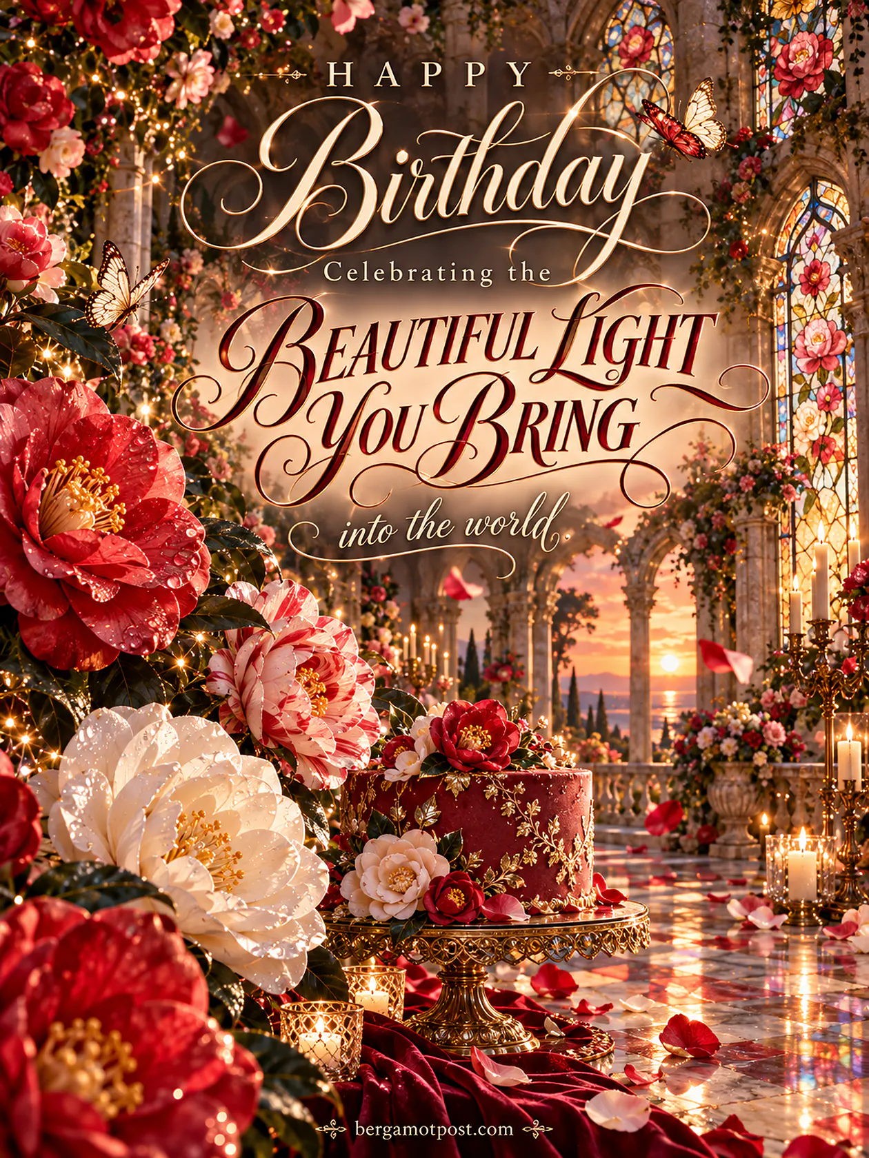 Happy Birthday Image — The Beautiful Light You Bring (Red Camellias)