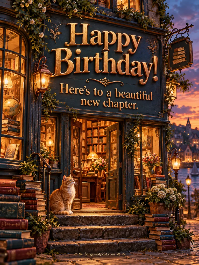 Happy Birthday Image and Wishes — A Beautiful New Chapter (Orange Cat at the Old Bookshop)