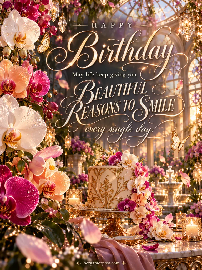 Happy Birthday Wishes Image — Beautiful Reasons to Smile (Orchids in a Glass Palace)