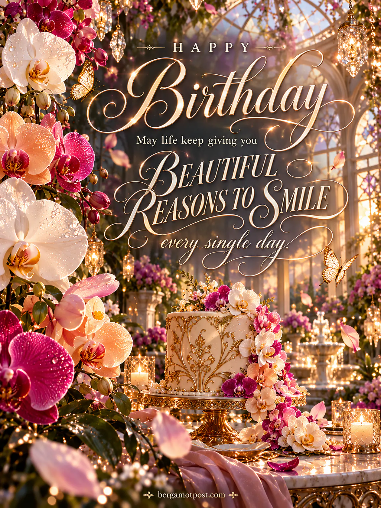 Happy Birthday Wishes Image — Beautiful Reasons to Smile (Orchids in a Glass Palace)