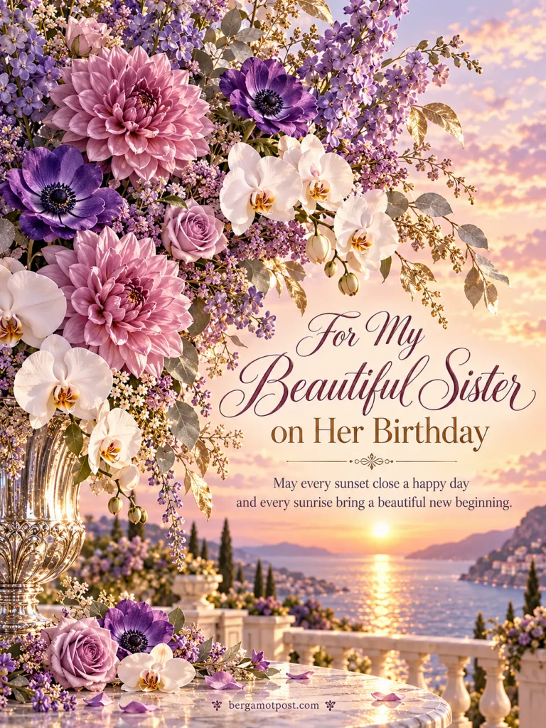 For My Beautiful Sister on Her Birthday: Sunset Image with Lavender Dahlias and Wishes
