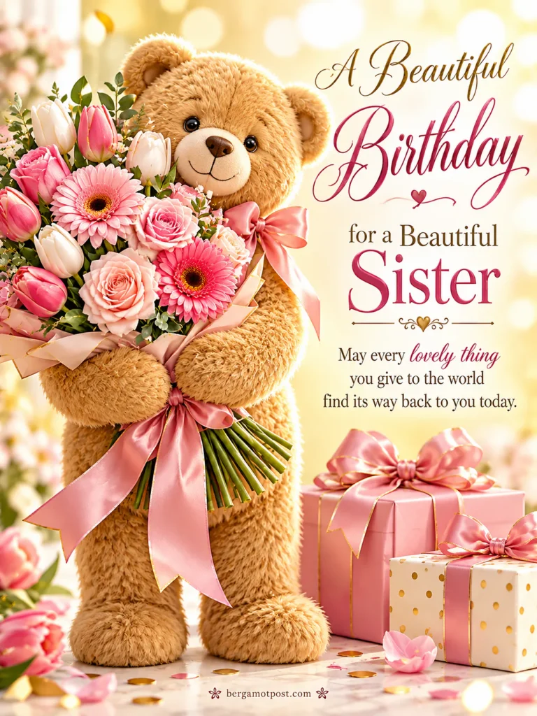 A Beautiful Birthday for a Beautiful Sister — Teddy Bear with Flowers Image