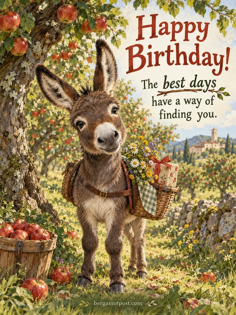Birthday Image with Wishes — The Best Days Have a Way of Finding You (Donkey in an Apple Orchard)