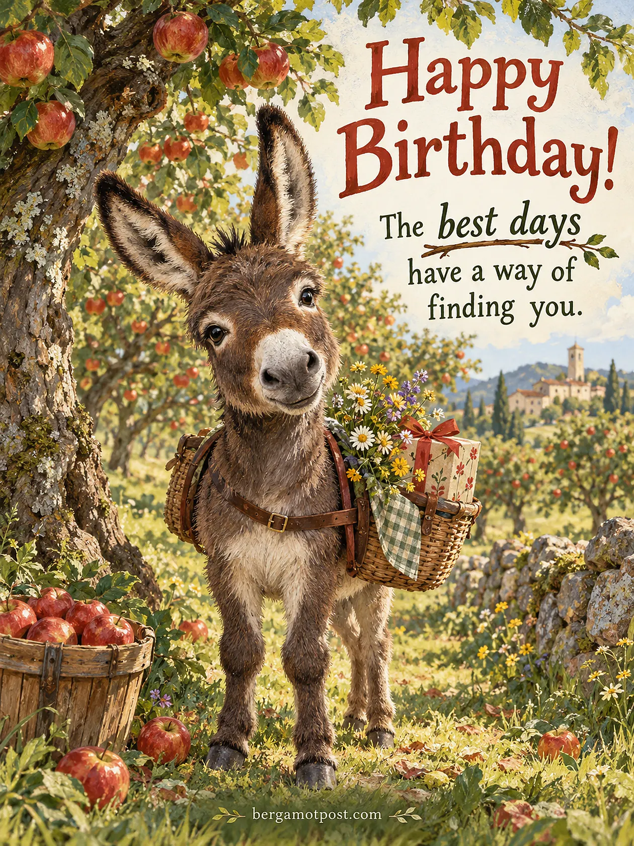 Birthday Image with Wishes — The Best Days Have a Way of Finding You (Donkey in an Apple Orchard)