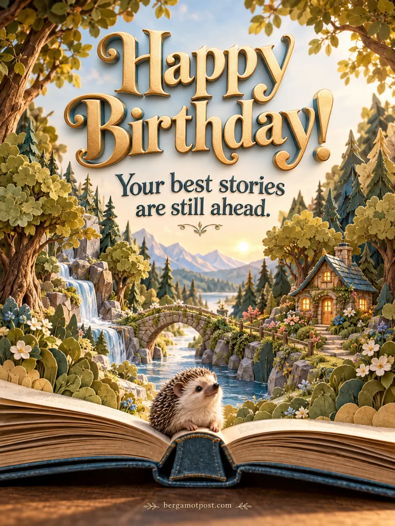 Happy Birthday Image — Your Best Stories Are Still Ahead (Hedgehog on an Open Book)