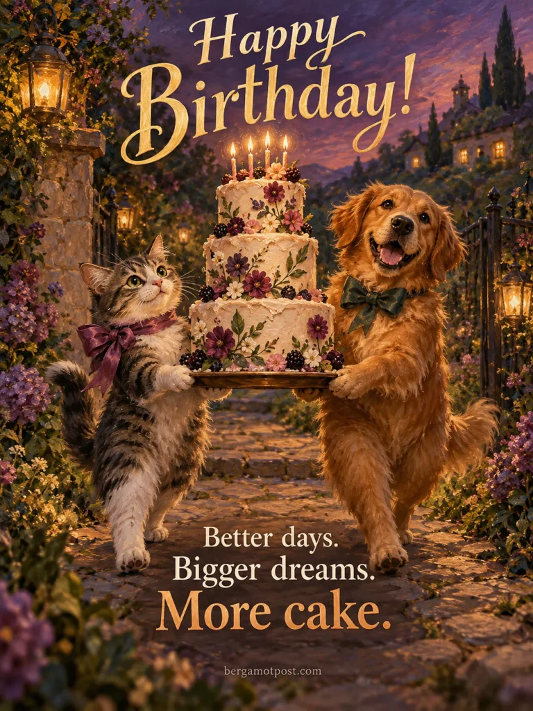Birthday Wishes Image — Better Days, Bigger Dreams, More Cake (Cat and Golden Retriever)