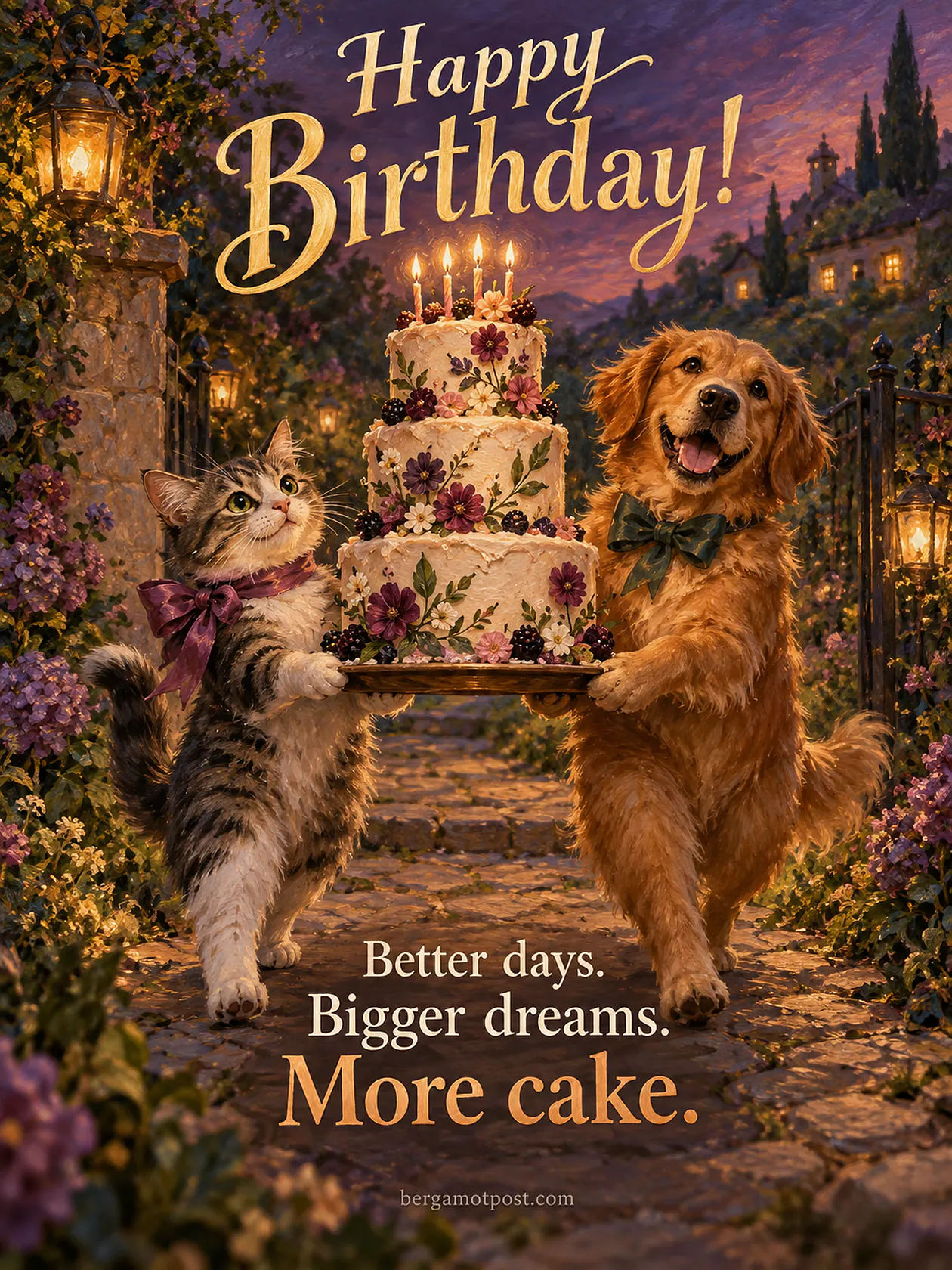 Birthday Wishes Image — Better Days, Bigger Dreams, More Cake (Cat and Golden Retriever)