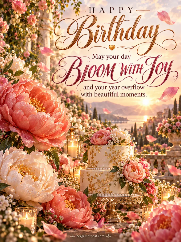 Happy Birthday Wishes Image — May Your Day Bloom with Joy (Coral Peonies)