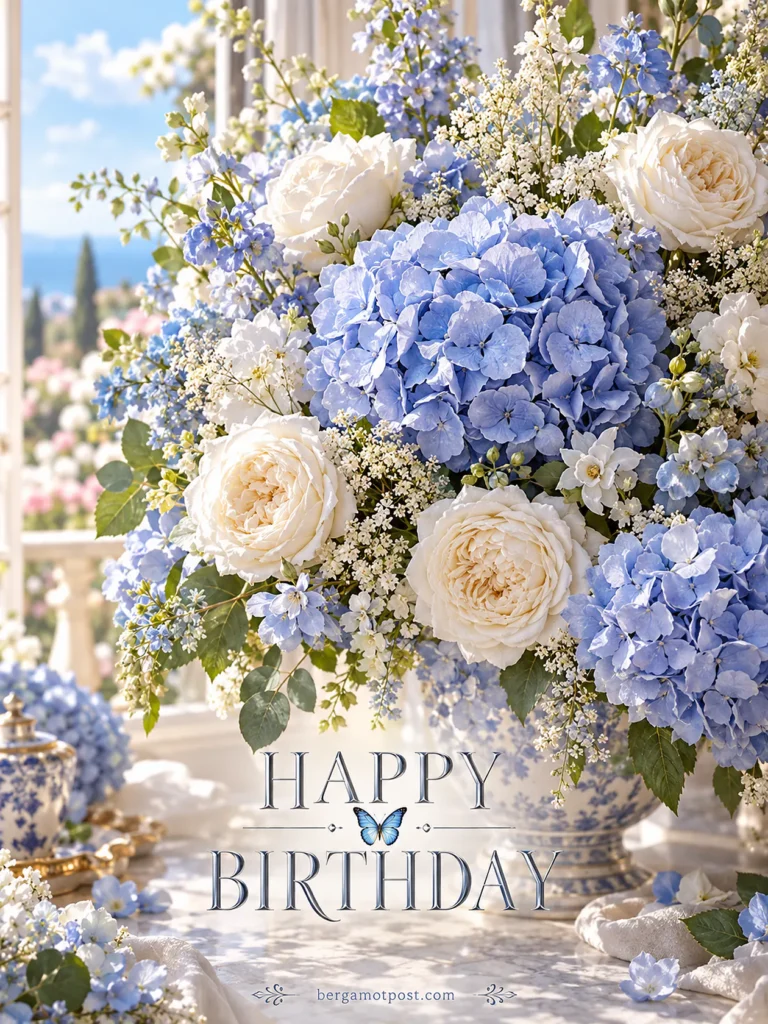 Blue Hydrangea Birthday Card with a Butterfly