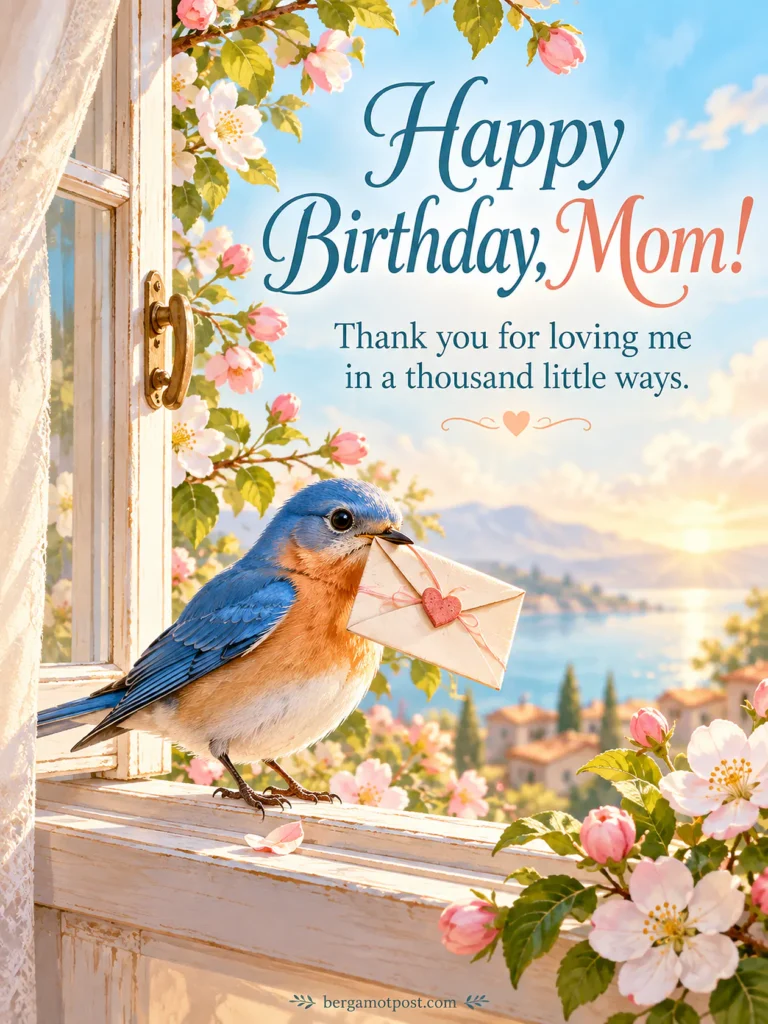 Happy Birthday Mom Image — Bluebird with a Letter at the Window