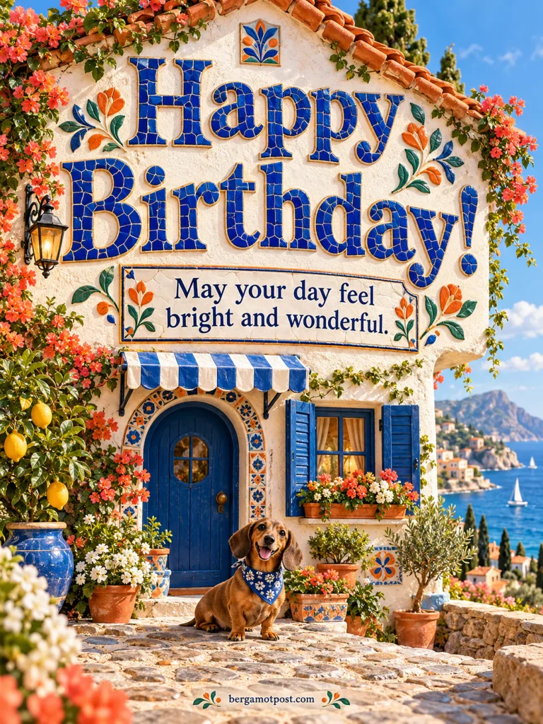 Happy Birthday Image — Bright and Wonderful (Dachshund at a Seaside Villa)