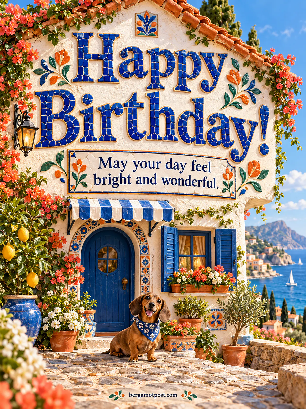 Happy Birthday Image — Bright and Wonderful (Dachshund at a Seaside Villa)