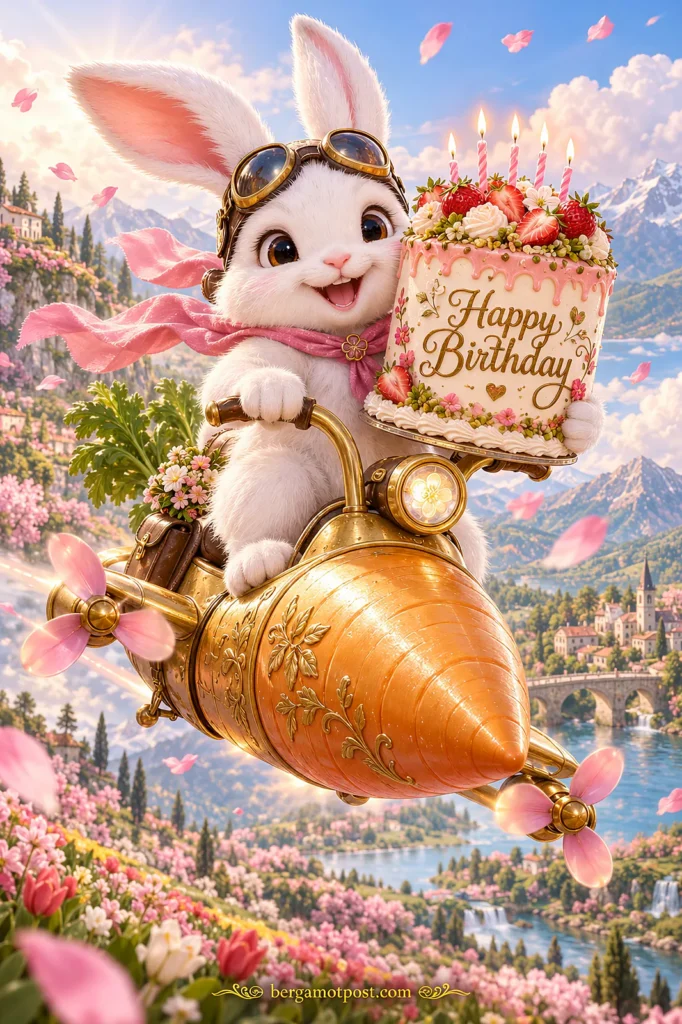 Animated Birthday Card — Bunny on a Carrot Rocket (Spring Blossoms)