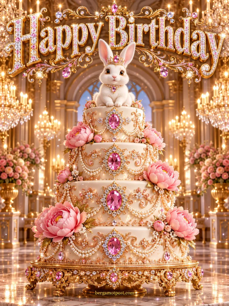 Happy Birthday Wishes Animated Image — Bunny on a Pink Peony Cake