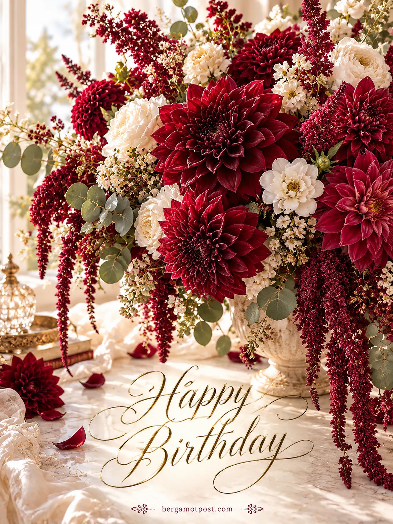 Elegant Burgundy Dahlia Birthday Card in Gold