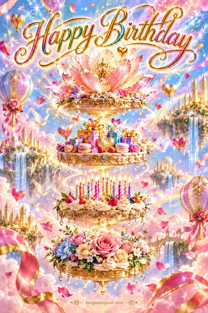 Happy Birthday Card — Dreamy Cake Tiers Floating in the Clouds