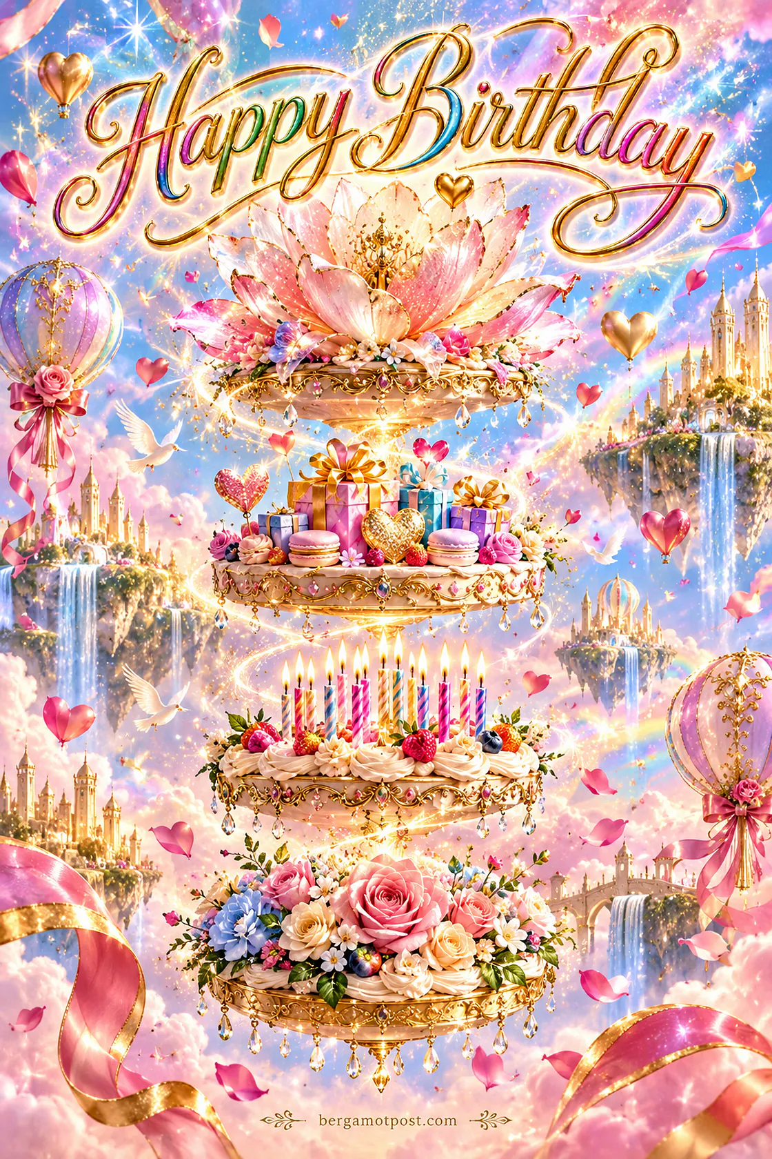 Happy Birthday Card — Dreamy Cake Tiers Floating in the Clouds