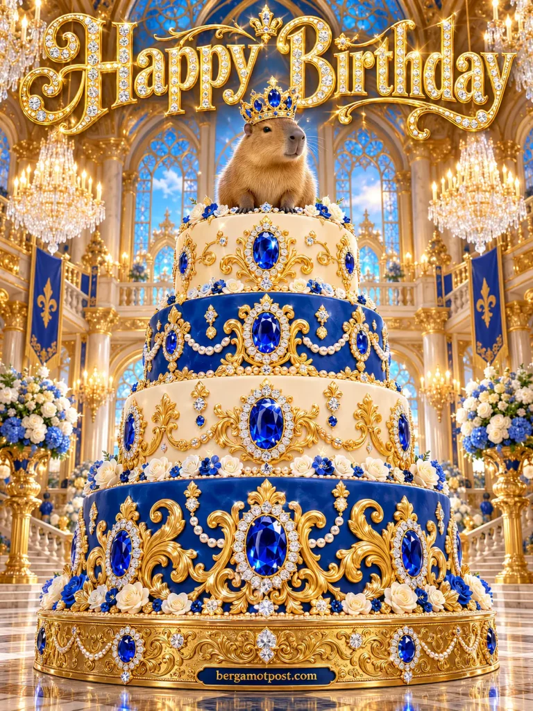 Happy Birthday Animated Image — Capybara on a Sapphire Cake