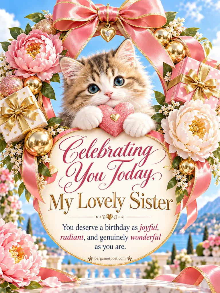 Celebrating You Today, My Lovely Sister — Birthday Wishes Image with a Kitten