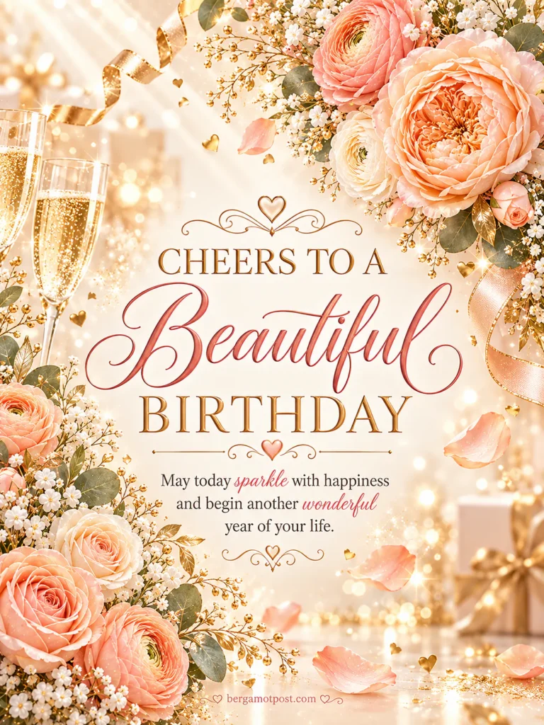Cheers to a Beautiful Birthday — Champagne, Peach Roses and Gold