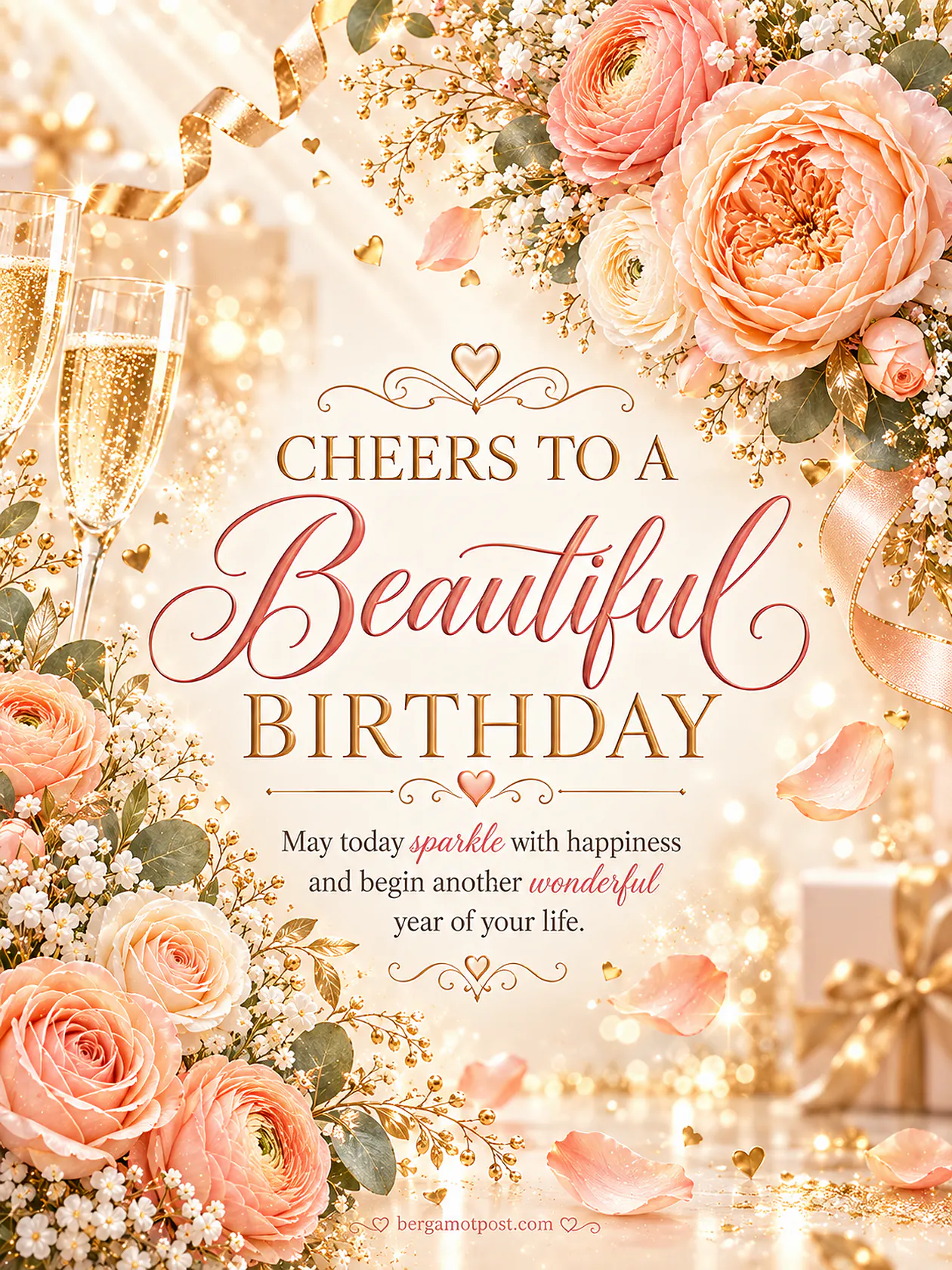 Cheers to a Beautiful Birthday — Champagne, Peach Roses and Gold