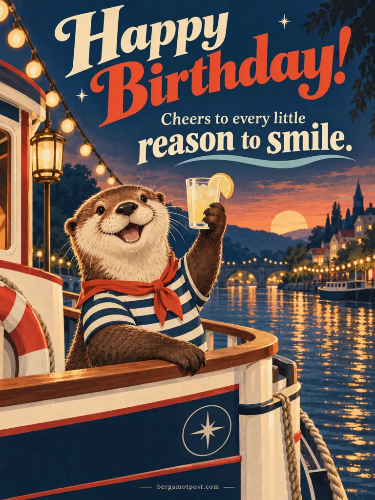 Happy Birthday Wishes Image — Cheers to Every Little Reason to Smile (Otter on a Riverboat)