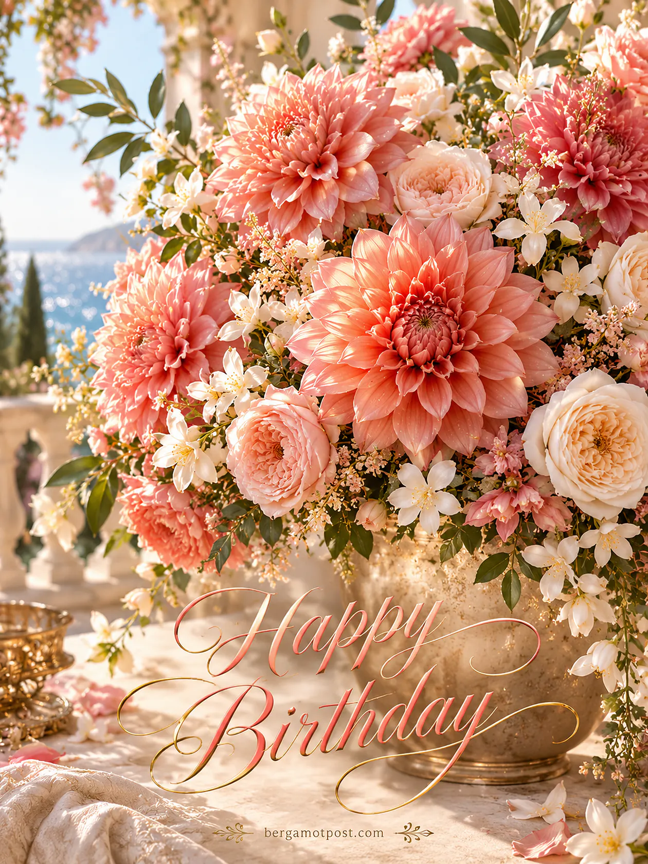 Happy Birthday Card — Coral Dahlias on a Seaside Terrace